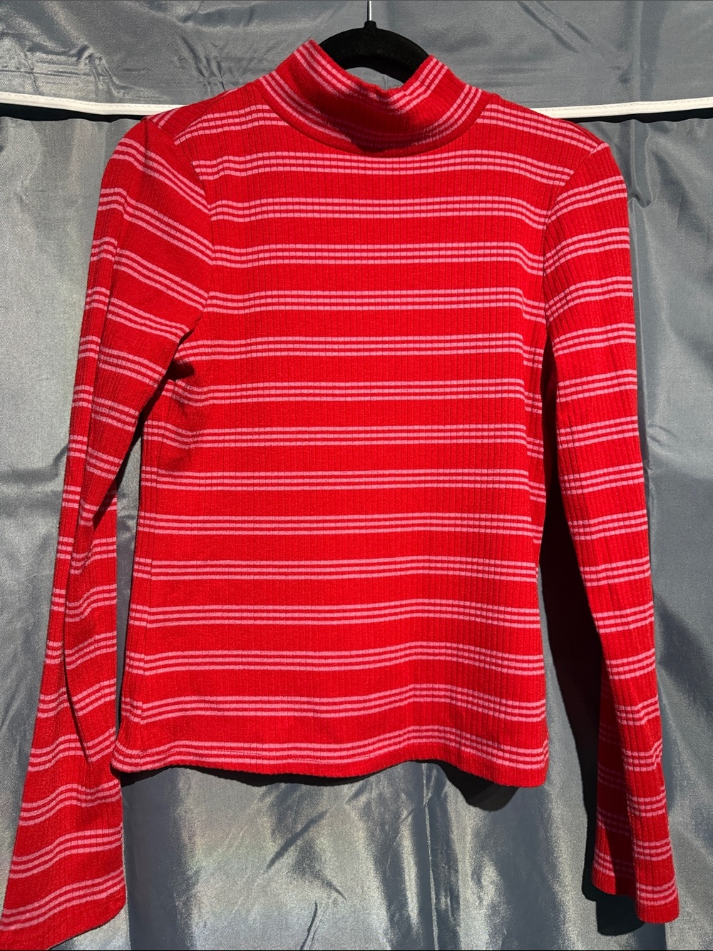 Mauve Red & White Striped Mock Neck Long Sleeve Top